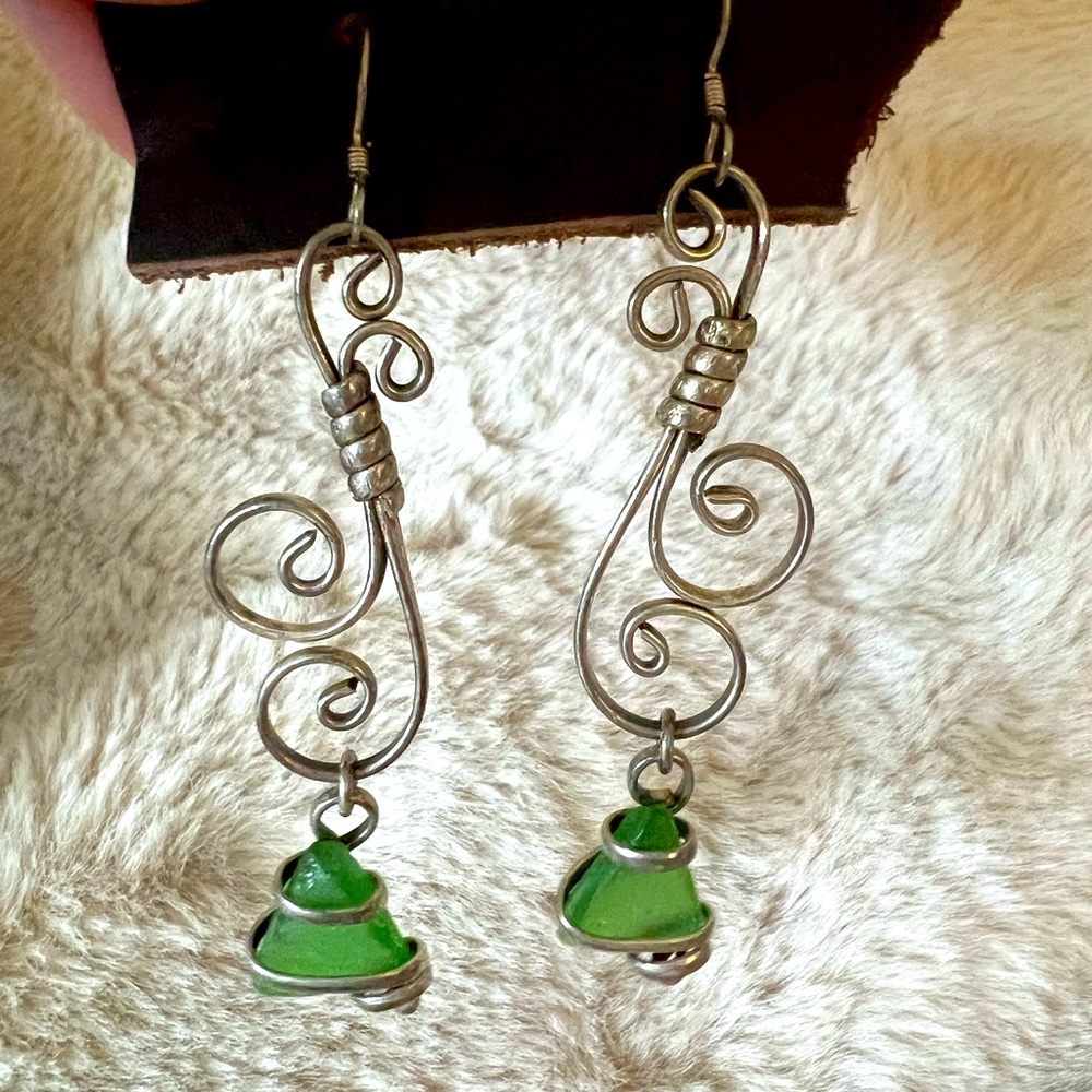 Dangly green glass earrings 3 inch length